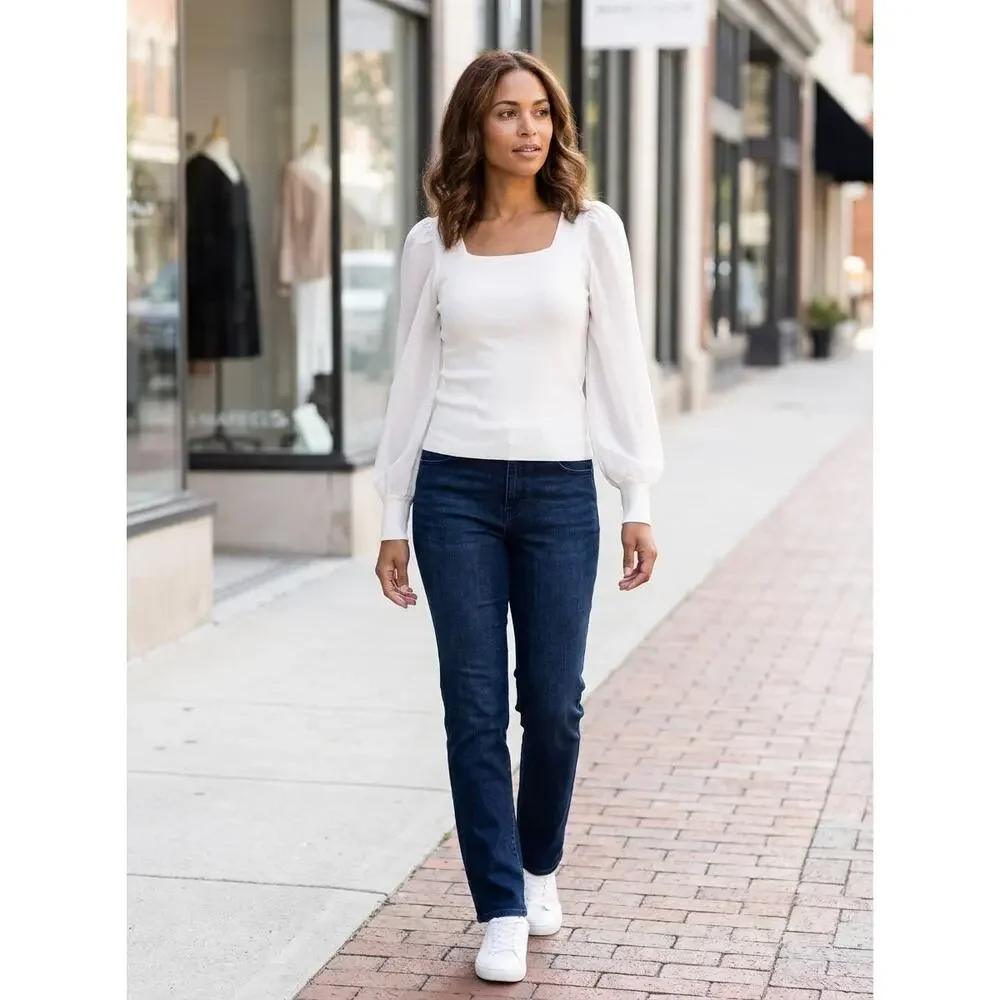NWT Carmen Marc Valvo Ivory Satin Knit Stretch Puff Sleeve Top Women Size XS - Picture 8 of 13